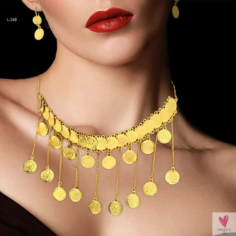 Luxury Gold Color Jewelry Sets - Dubai Fashion Coin With Tassel Design Necklace/Earring Set, Charming Wedding Gift Sweet T 52