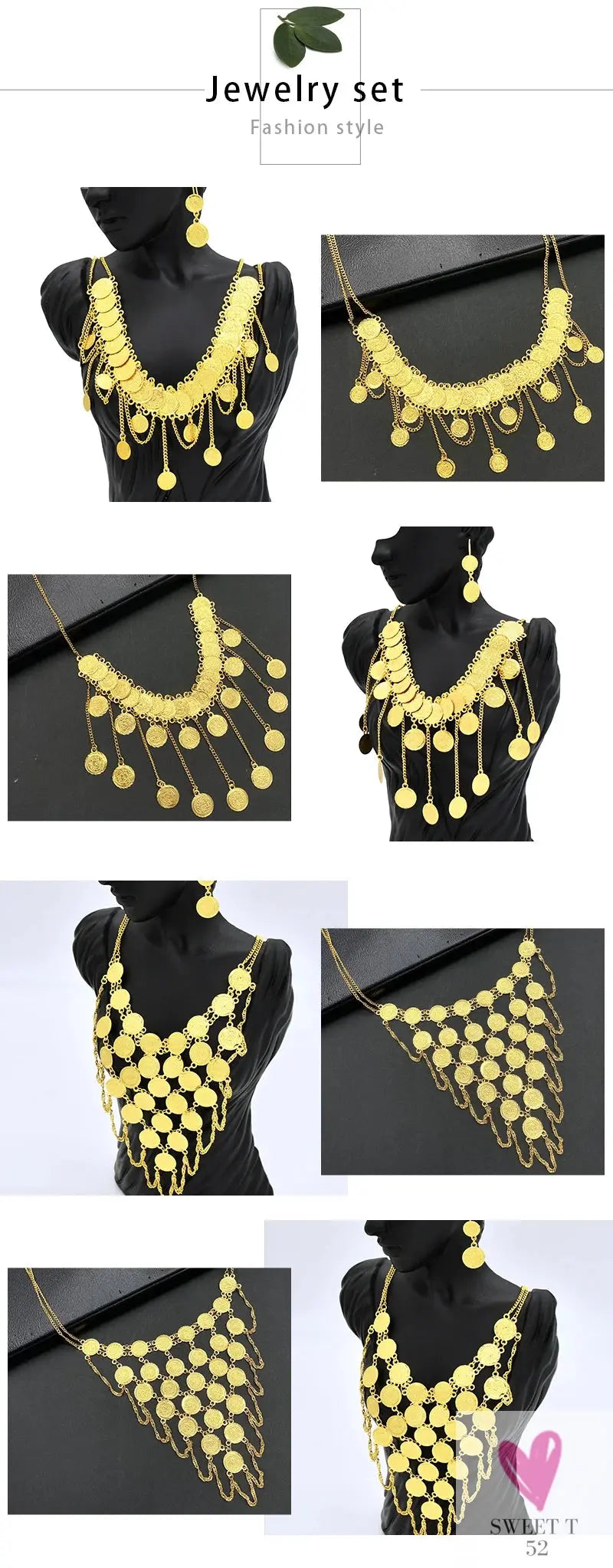 Luxury Gold Color Jewelry Sets - Dubai Fashion Coin With Tassel Design Necklace/Earring Set, Charming Wedding Gift Sweet T 52