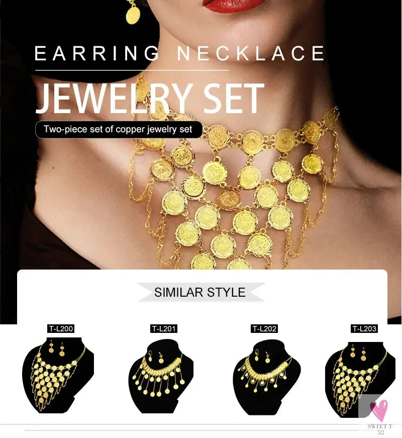 Luxury Gold Color Jewelry Sets - Dubai Fashion Coin With Tassel Design Necklace/Earring Set, Charming Wedding Gift Sweet T 52