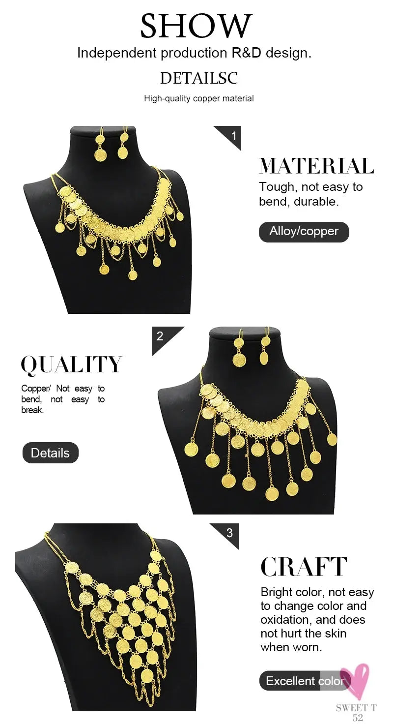 Luxury Gold Color Jewelry Sets - Dubai Fashion Coin With Tassel Design Necklace/Earring Set, Charming Wedding Gift Sweet T 52