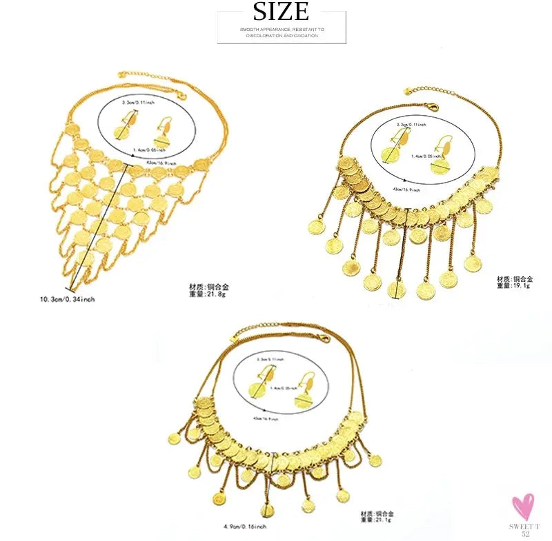 Luxury Gold Color Jewelry Sets - Dubai Fashion Coin With Tassel Design Necklace/Earring Set, Charming Wedding Gift Sweet T 52