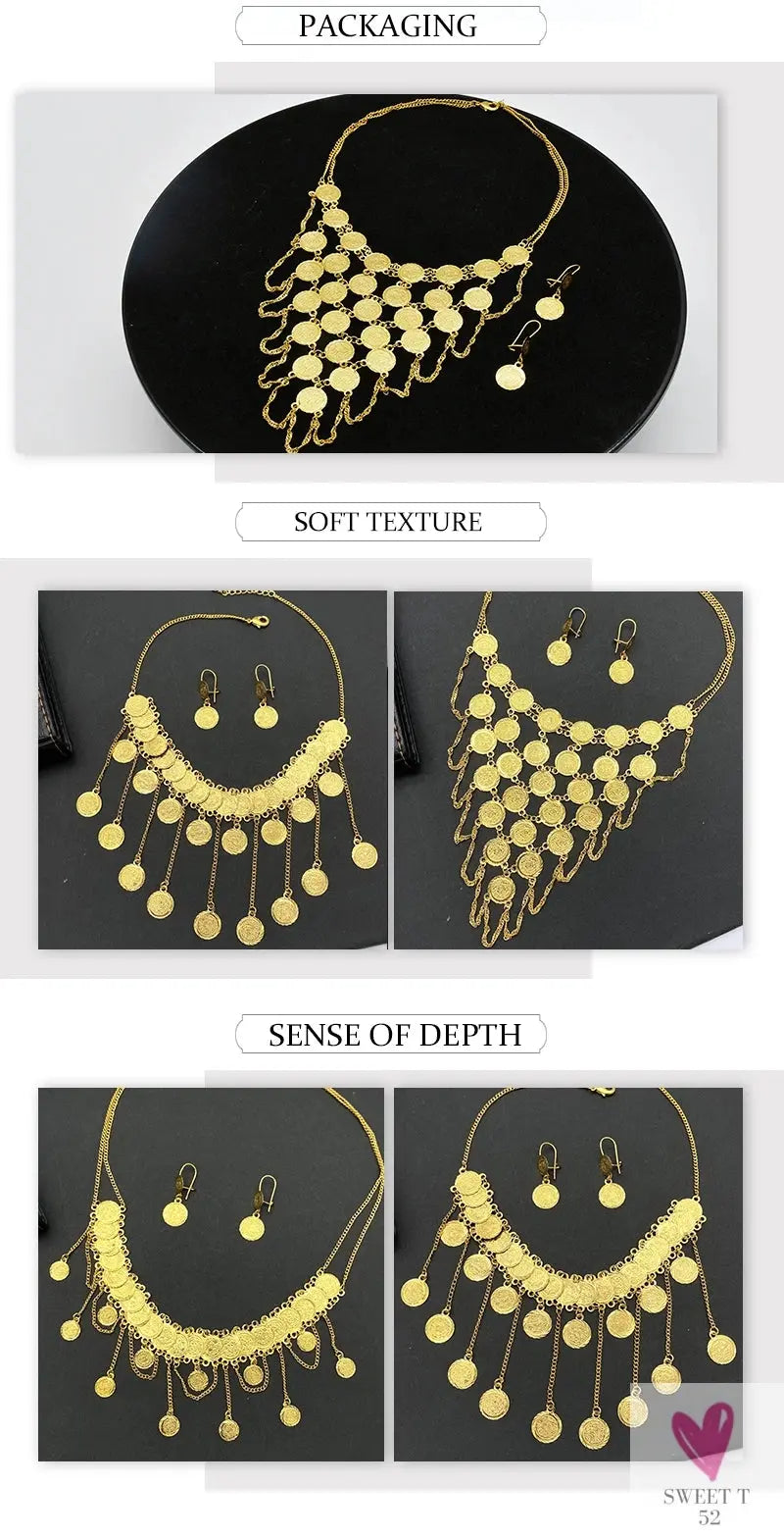 Luxury Gold Color Jewelry Sets - Dubai Fashion Coin With Tassel Design Necklace/Earring Set, Charming Wedding Gift Sweet T 52