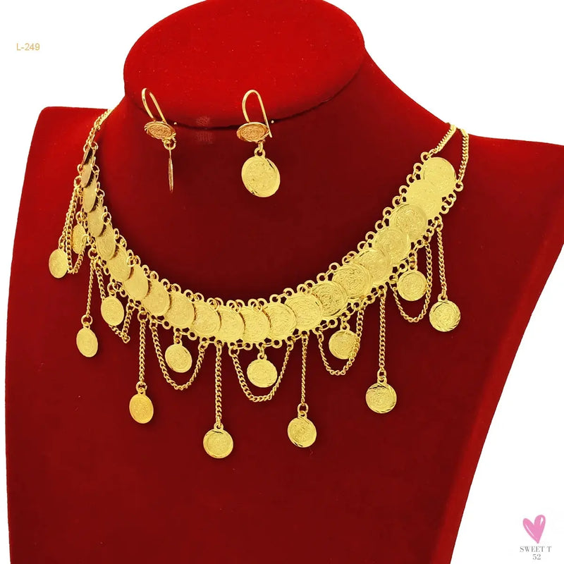 Luxury Gold Color Jewelry Sets - Dubai Fashion Coin With Tassel Design Necklace/Earring Set, Charming Wedding Gift Sweet T 52