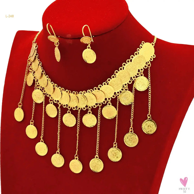 Luxury Gold Color Jewelry Sets - Dubai Fashion Coin With Tassel Design Necklace/Earring Set, Charming Wedding Gift Sweet T 52