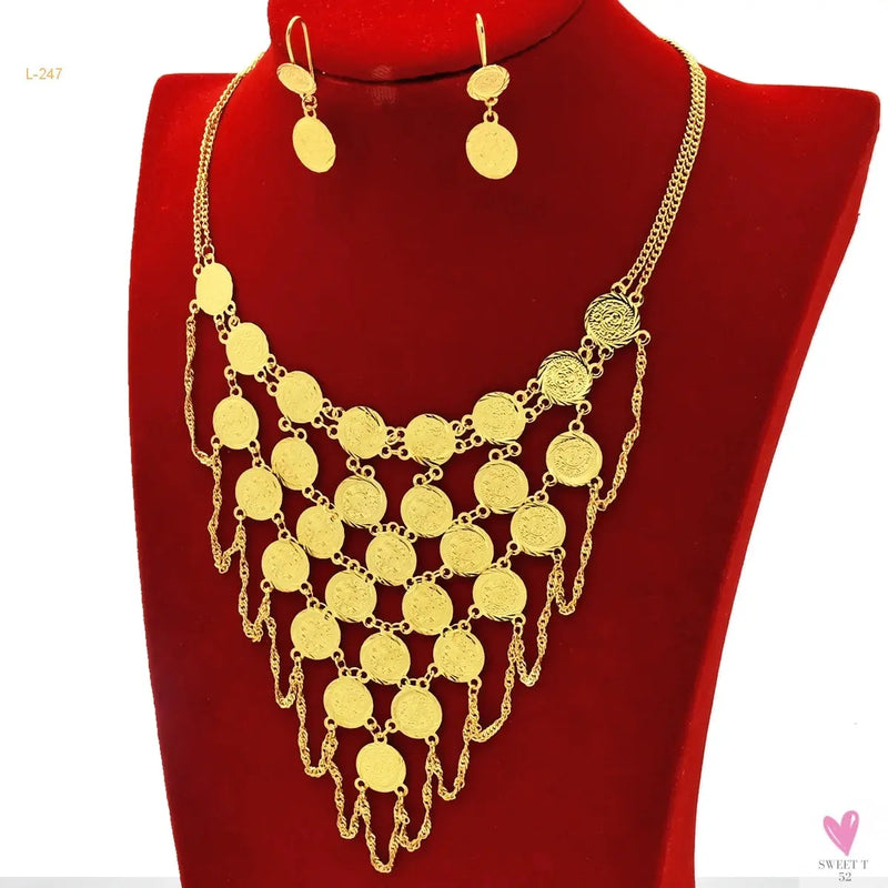 Luxury Gold Color Jewelry Sets - Dubai Fashion Coin With Tassel Design Necklace/Earring Set, Charming Wedding Gift Sweet T 52