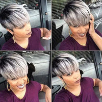Short Ombre Gray Synthetic Wigs for Women - Black/gray with dark roots