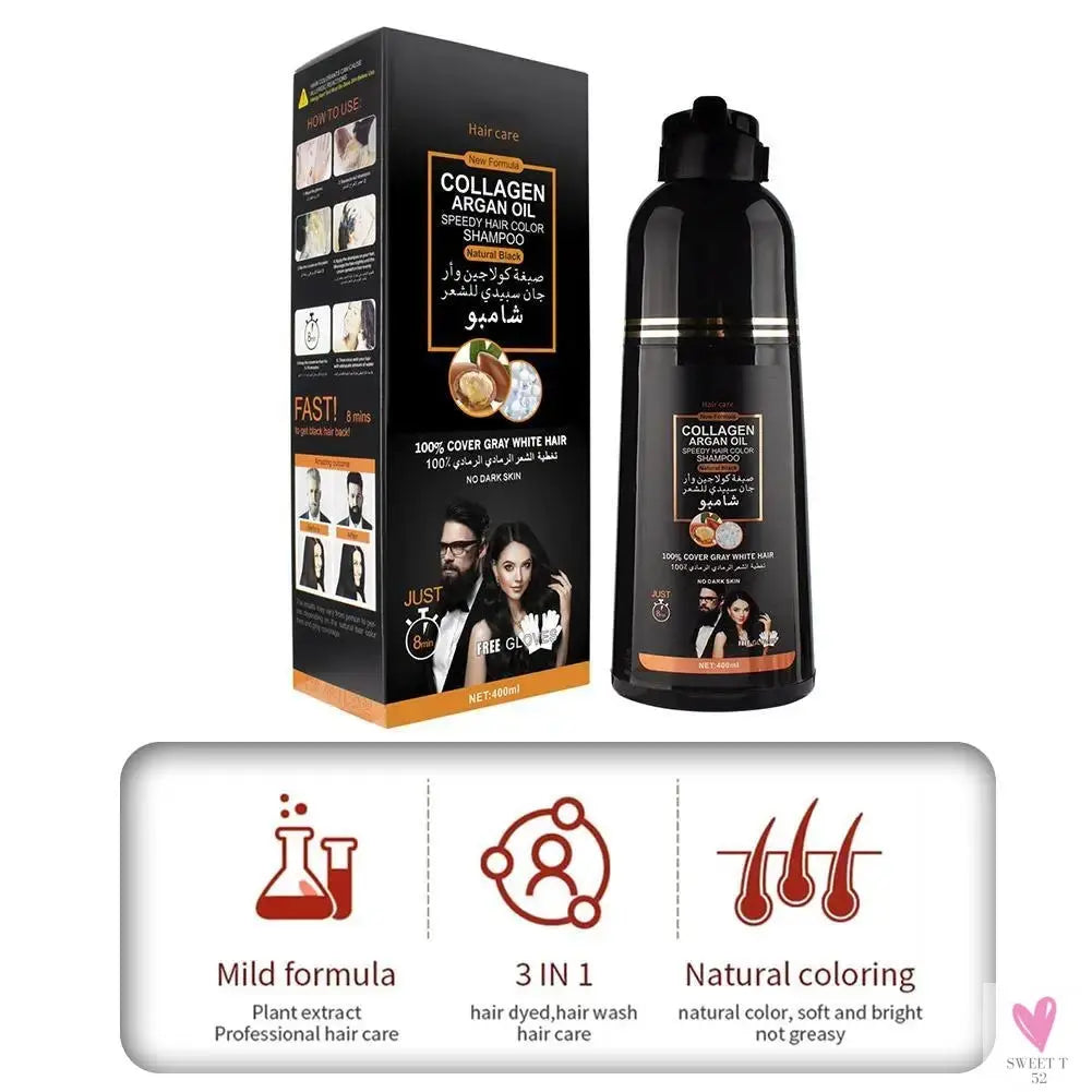 Magic Black Hair - 3-in-1 Collagen/Argan Oil Shampoo - Long-Lasting Hair Shampoo/Dye for Men/Women Sweet T 52