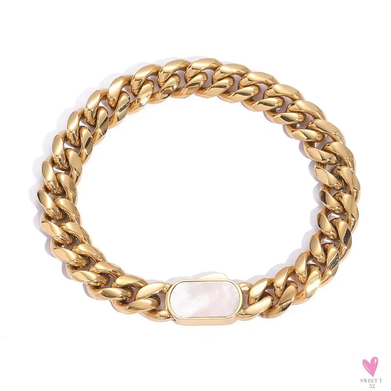 NUOYA Man Hip Hop Stainless Steel Chain Bracelet Natural Shell Clasp Miami Curb Cuban Link Chain Bracelet Sweet T 52