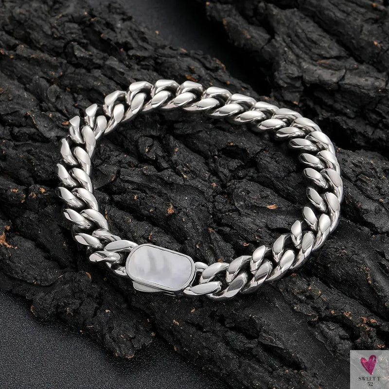 NUOYA Man Hip Hop Stainless Steel Chain Bracelet Natural Shell Clasp Miami Curb Cuban Link Chain Bracelet Sweet T 52