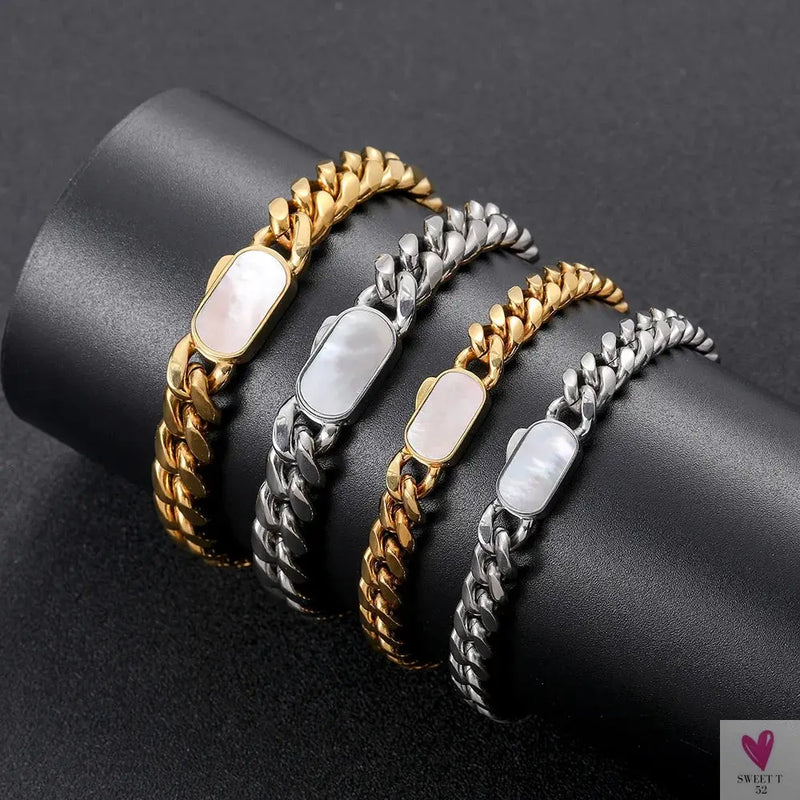 NUOYA Man Hip Hop Stainless Steel Chain Bracelet Natural Shell Clasp Miami Curb Cuban Link Chain Bracelet Sweet T 52
