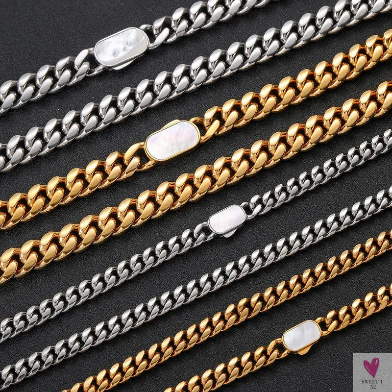 NUOYA Man Hip Hop Stainless Steel Chain Bracelet Natural Shell Clasp Miami Curb Cuban Link Chain Bracelet Sweet T 52