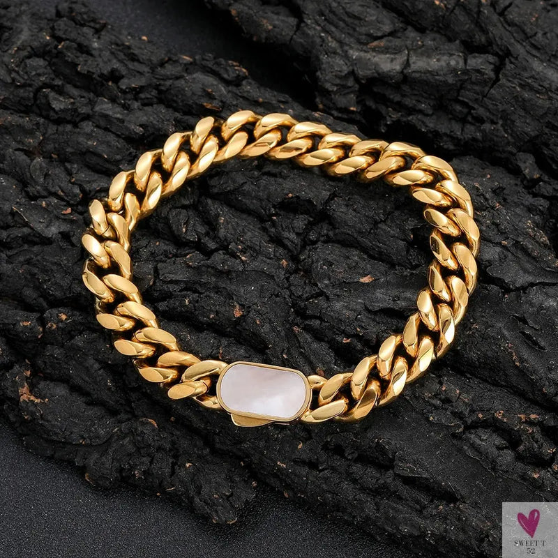 NUOYA Man Hip Hop Stainless Steel Chain Bracelet Natural Shell Clasp Miami Curb Cuban Link Chain Bracelet Sweet T 52