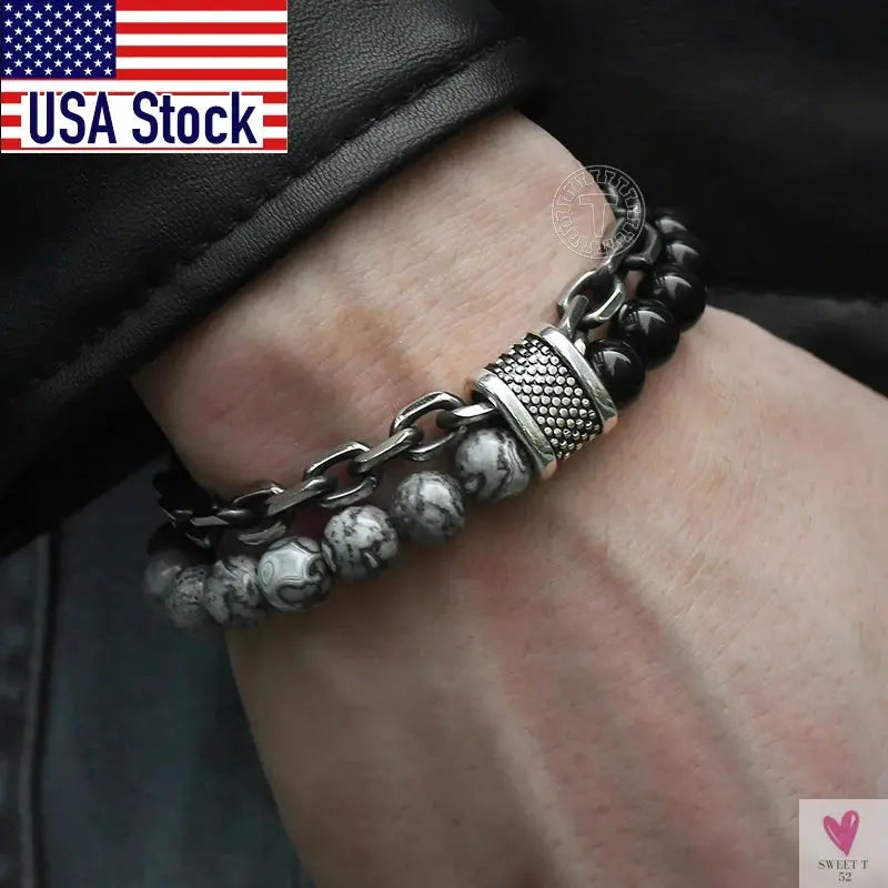 Natural Map Stone Men/Women's Beaded Bracelet, Stainless Steel Bracelets, Unisex Jewelry - Tiger Eyes Sweet T 52
