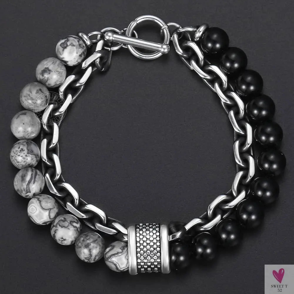Natural Map Stone Men/Women's Beaded Bracelet, Stainless Steel Bracelets, Unisex Jewelry - Tiger Eyes Sweet T 52