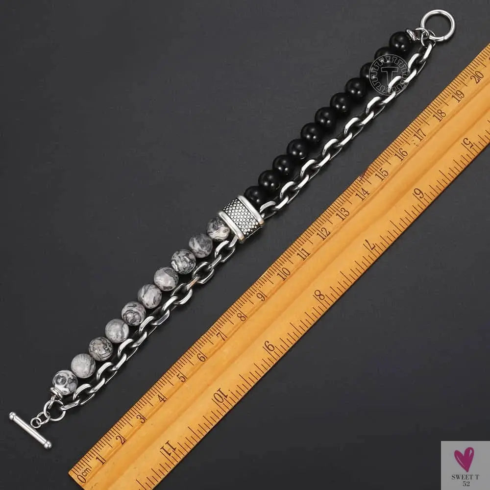 Natural Map Stone Men/Women's Beaded Bracelet, Stainless Steel Bracelets, Unisex Jewelry - Tiger Eyes Sweet T 52