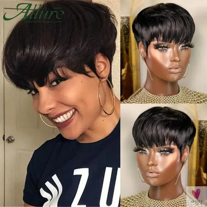 Natural Short Bob, Pixie Cut Wigs, Straight Human Hair With Bangs for Women and Girls Sweet T 52