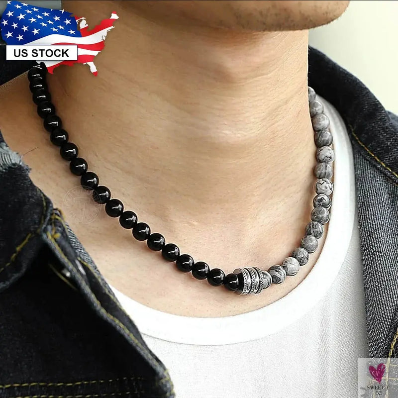 Natural Tiger Eyes Stone Bead Necklace for Men/Women.Toggle Clasp Stainless Steel Charm Black Glass Bead Necklace Sweet T 52