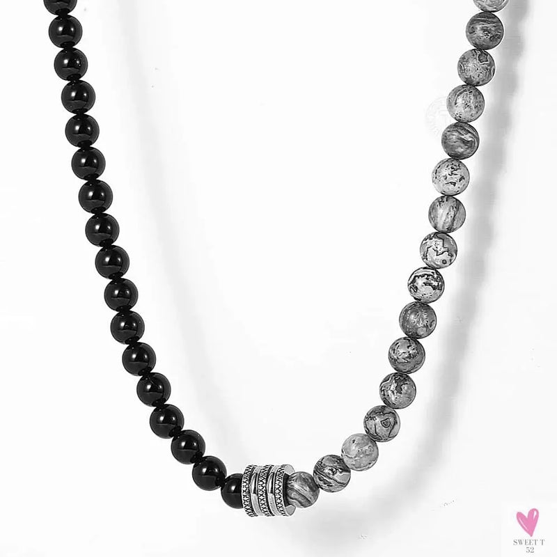 Natural Tiger Eyes Stone Bead Necklace for Men/Women.Toggle Clasp Stainless Steel Charm Black Glass Bead Necklace Sweet T 52