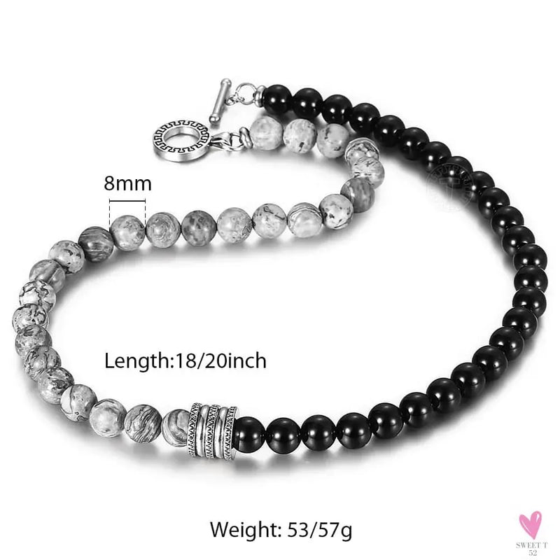 Natural Tiger Eyes Stone Bead Necklace for Men/Women.Toggle Clasp Stainless Steel Charm Black Glass Bead Necklace Sweet T 52