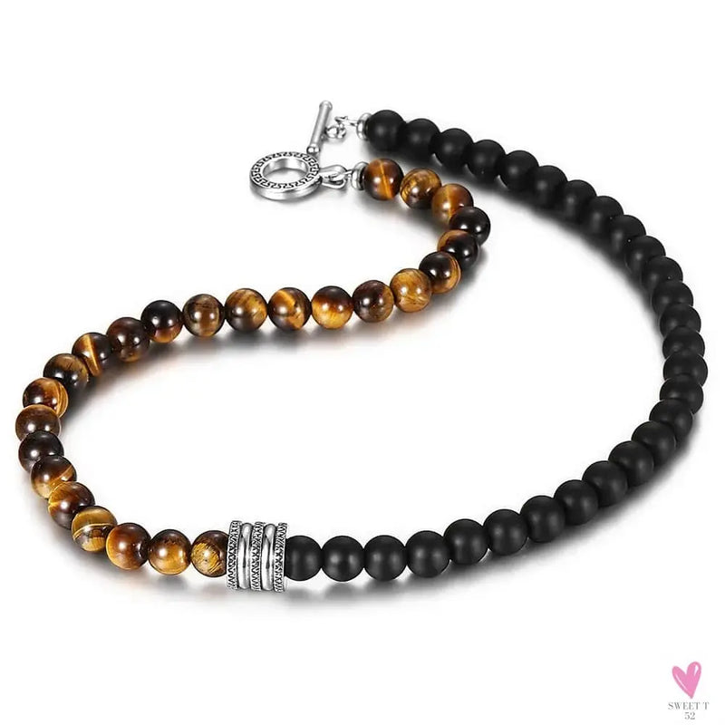 Natural Tiger Eyes Stone Bead Necklace for Men/Women.Toggle Clasp Stainless Steel Charm Black Glass Bead Necklace Sweet T 52