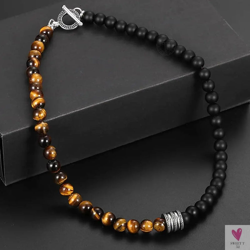 Natural Tiger Eyes Stone Bead Necklace for Men/Women.Toggle Clasp Stainless Steel Charm Black Glass Bead Necklace Sweet T 52