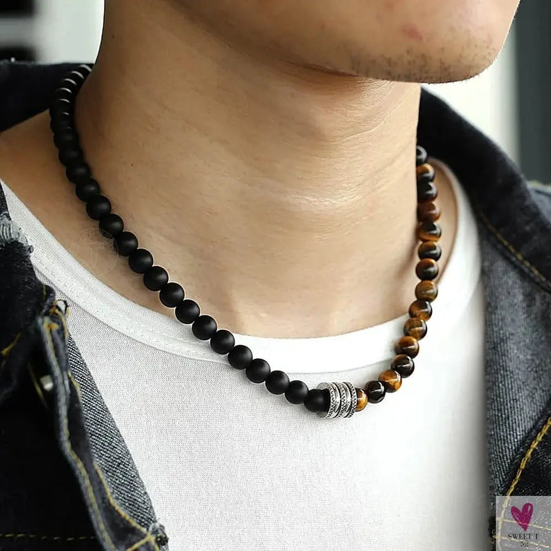 Natural Tiger Eyes Stone Bead Necklace for Men/Women.Toggle Clasp Stainless Steel Charm Black Glass Bead Necklace Sweet T 52