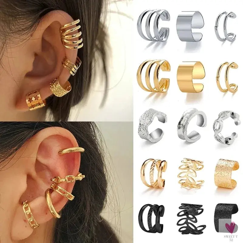 New Gold/Silver Color Leaves Clip Earrings for Women/Men - Fashion Ear Cuff. Non-Piercing Earring Sets Sweet T 52