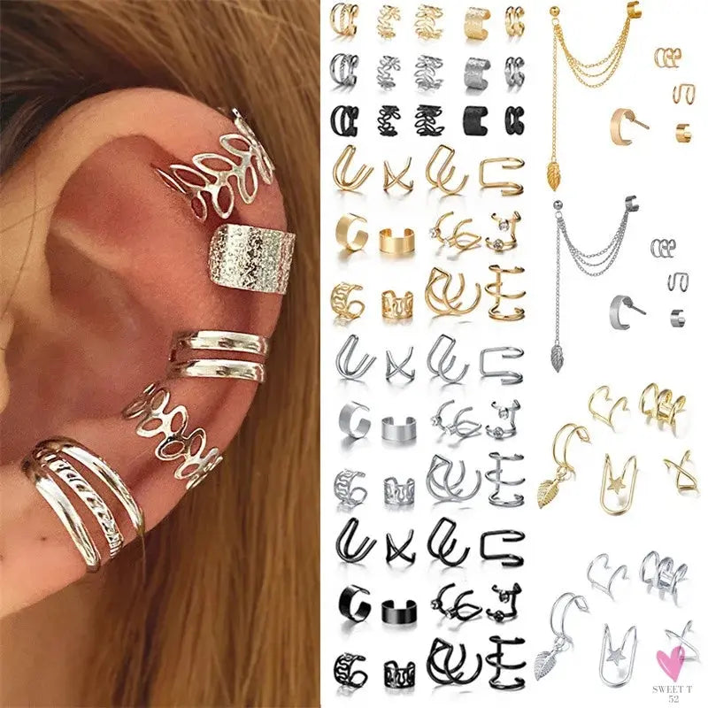 New Gold/Silver Color Leaves Clip Earrings for Women/Men - Fashion Ear Cuff. Non-Piercing Earring Sets Sweet T 52