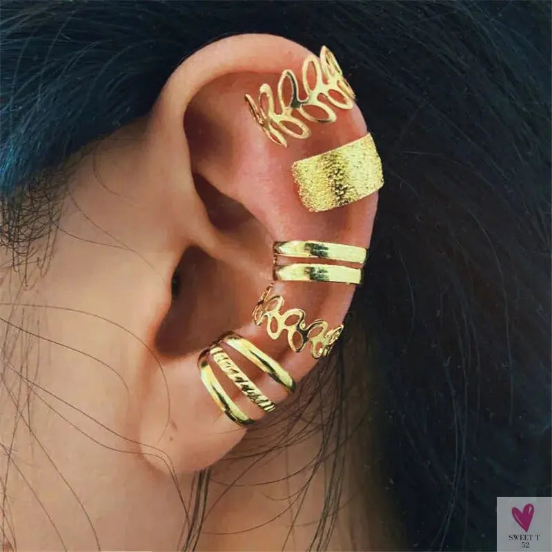 New Gold/Silver Color Leaves Clip Earrings for Women/Men - Fashion Ear Cuff. Non-Piercing Earring Sets Sweet T 52