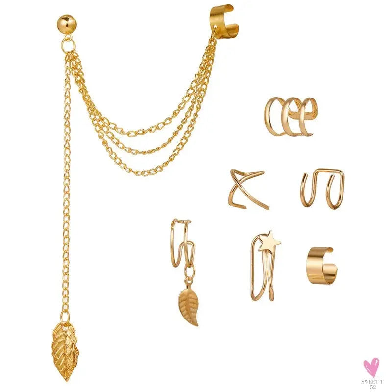 New Gold/Silver Color Leaves Clip Earrings for Women/Men - Fashion Ear Cuff. Non-Piercing Earring Sets Sweet T 52