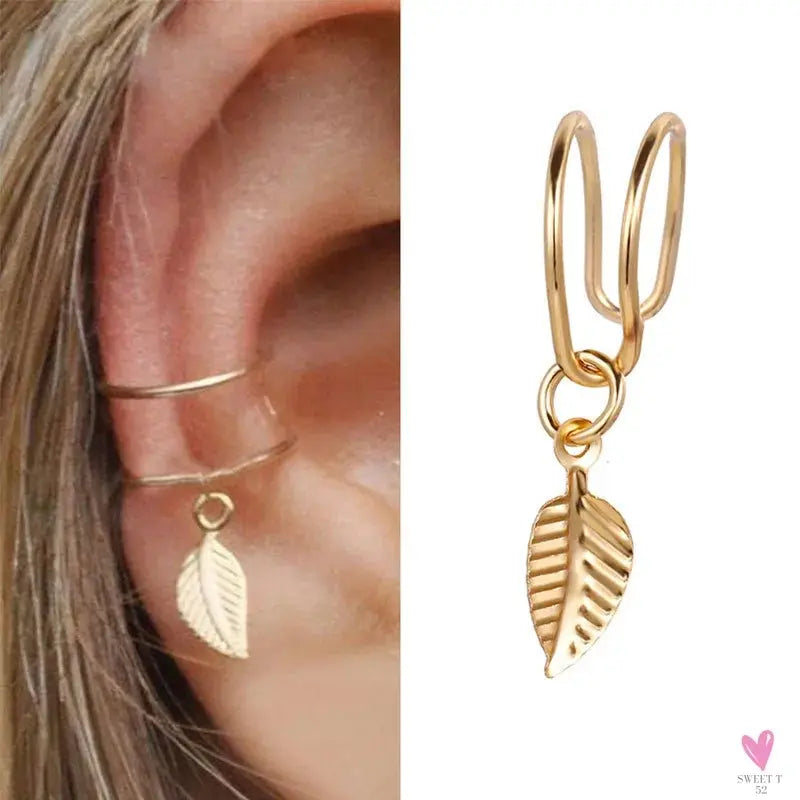 New Gold/Silver Color Leaves Clip Earrings for Women/Men - Fashion Ear Cuff. Non-Piercing Earring Sets Sweet T 52