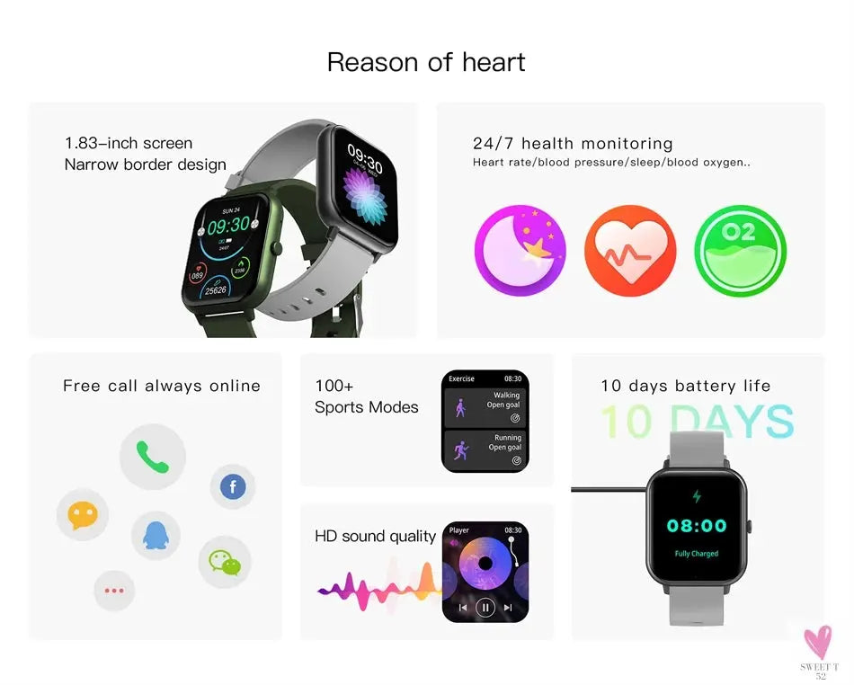 New Smart Watch for Men/Women - Heart Rate, Blood Pressure, Fitness Tracker, Bluetooth Call, Smart Watch Sweet T 52