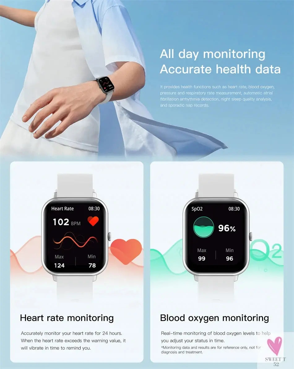 New Smart Watch for Men/Women - Heart Rate, Blood Pressure, Fitness Tracker, Bluetooth Call, Smart Watch Sweet T 52
