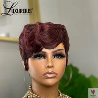 Ombre Brown, Pixie Cut, Human Hair Wigs with Bangs, Burgundy Highlights, Fully Machine Made, for Women & Girls-hair accessories-SWEET T 52