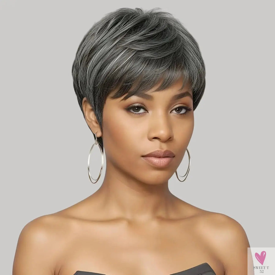 Ombre Grey Short Pixie Cut Wigs with Bangs - Salt and Pepper Human Hair Wigs, Pre Plucked Glueless Gray Bob Wig Sweet T 52