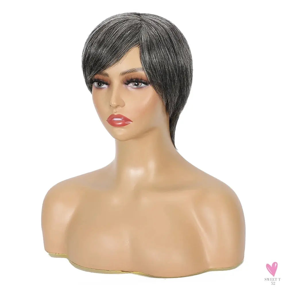 Ombre Grey Short Pixie Cut Wigs with Bangs - Salt and Pepper Human Hair Wigs, Pre Plucked Glueless Gray Bob Wig Sweet T 52