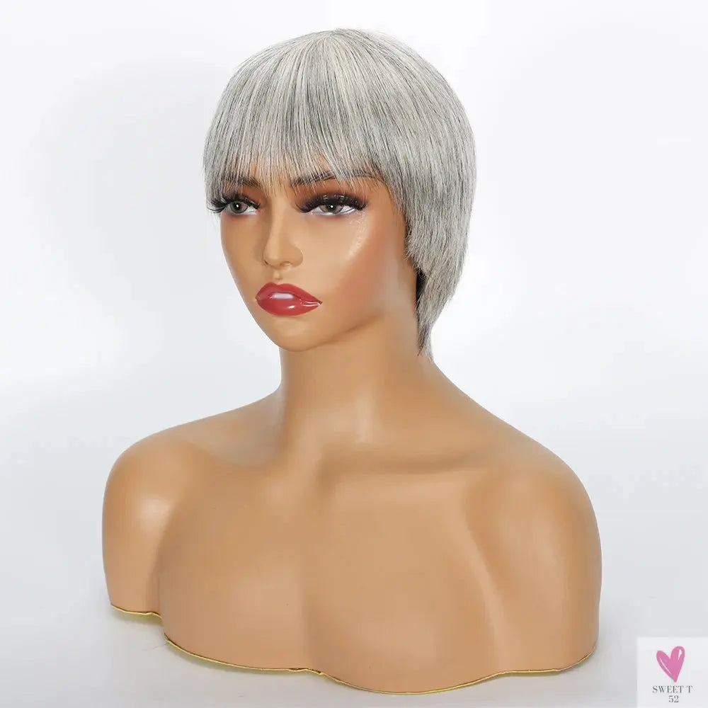 Ombre Grey Short Pixie Cut Wigs with Bangs - Salt and Pepper Human Hair Wigs, Pre Plucked Glueless Gray Bob Wig Sweet T 52