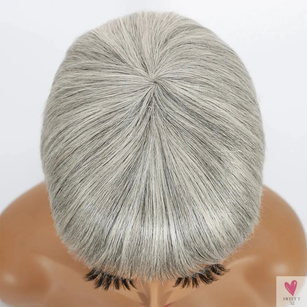 Ombre Grey Short Pixie Cut Wigs with Bangs - Salt and Pepper Human Hair Wigs, Pre Plucked Glueless Gray Bob Wig Sweet T 52
