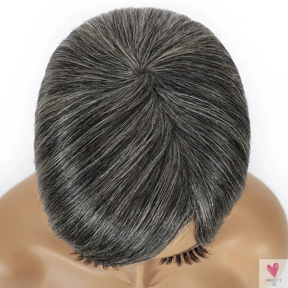 Ombre Grey Short Pixie Cut Wigs with Bangs - Salt and Pepper Human Hair Wigs, Pre Plucked Glueless Gray Bob Wig Sweet T 52