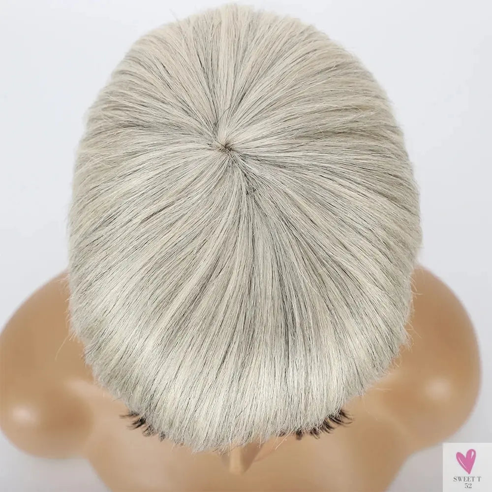 Ombre Grey Short Pixie Cut Wigs with Bangs - Salt and Pepper Human Hair Wigs, Pre Plucked Glueless Gray Bob Wig Sweet T 52