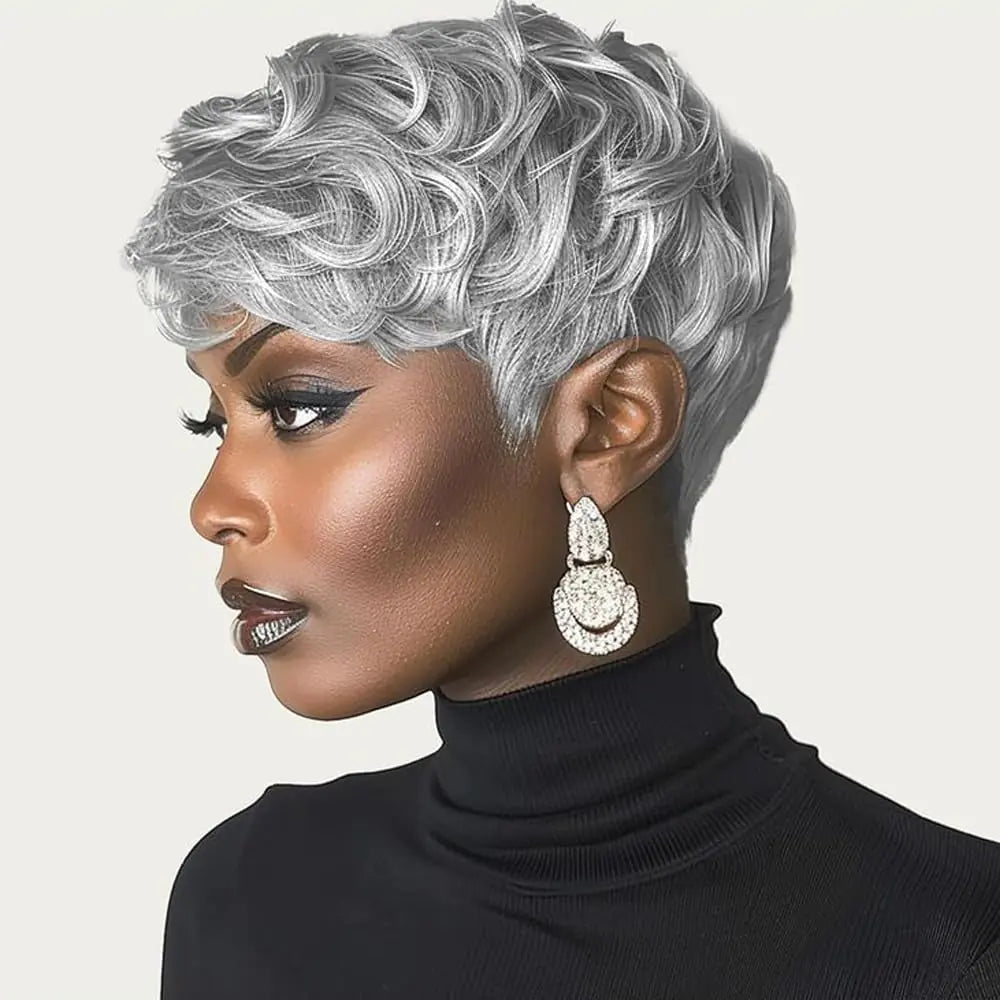 Pixie Cut Grey Wigs for Women/Short Curly Wigs with Bangs for Women (Grey Mixed with Black)
