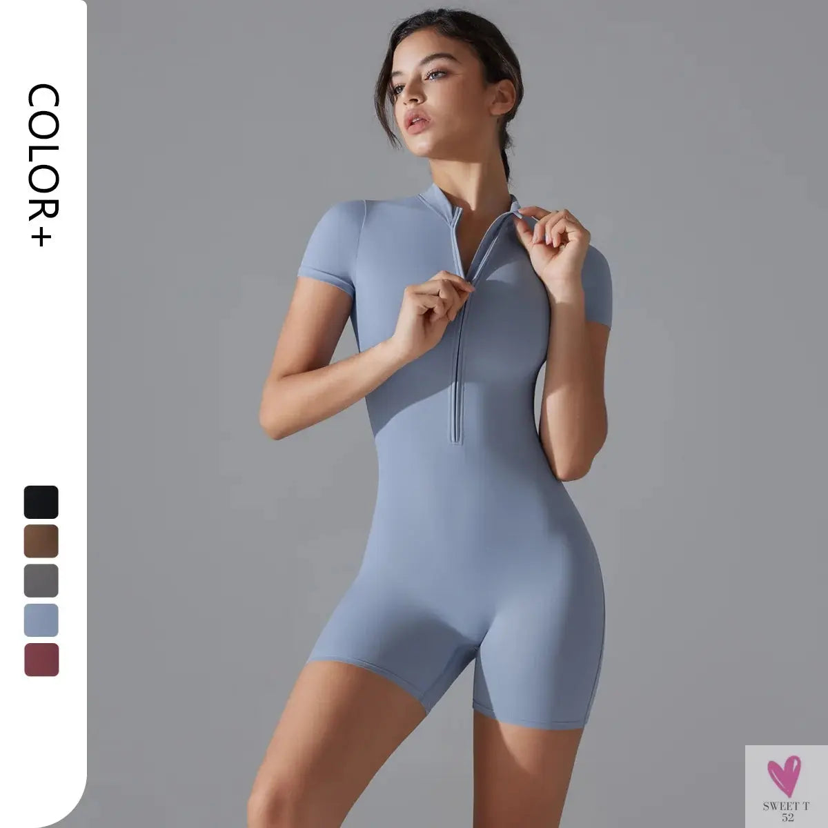 One Piece Gym Yoga Romper - Zippered Short Sleeve Fitness Jumpsuit for Women Sweet T 52