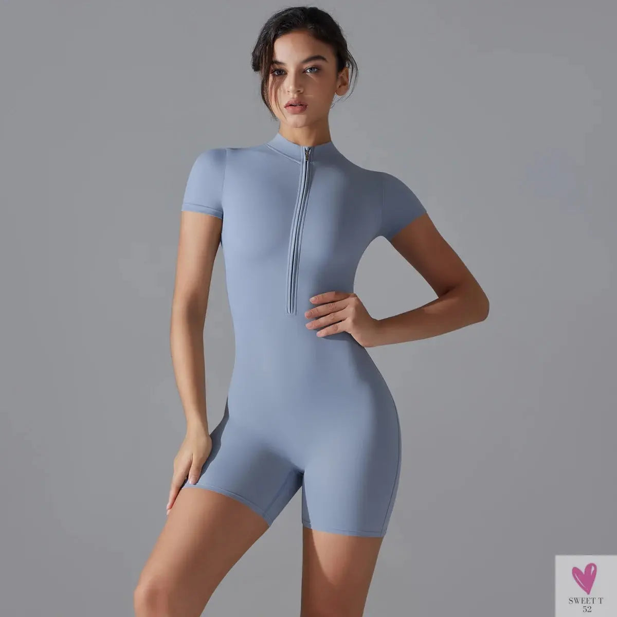 One Piece Gym Yoga Romper - Zippered Short Sleeve Fitness Jumpsuit for Women Sweet T 52