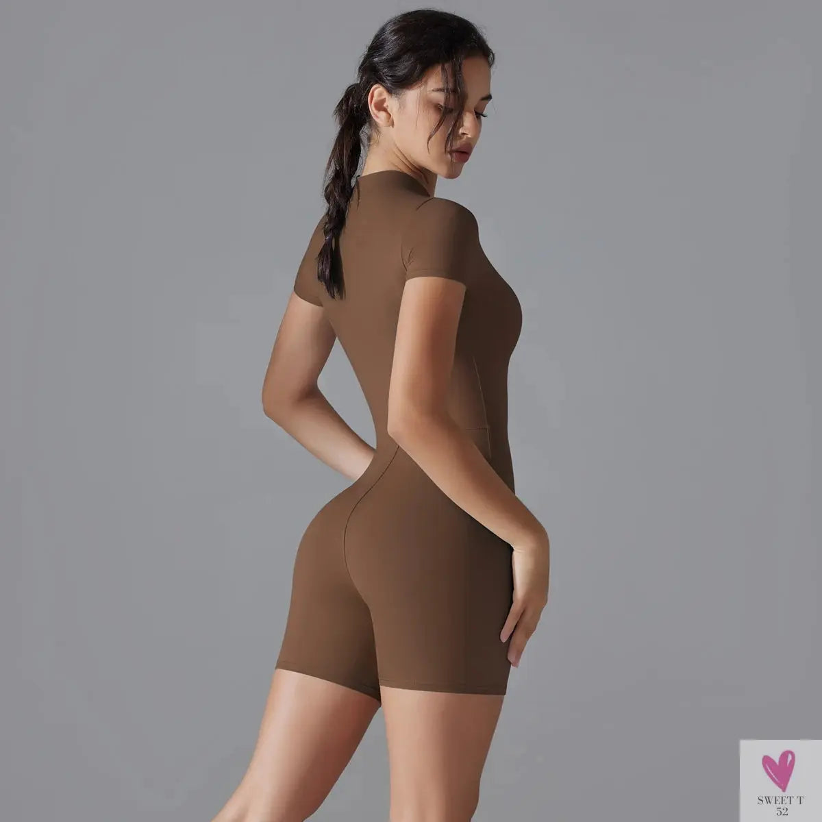 One Piece Gym Yoga Romper - Zippered Short Sleeve Fitness Jumpsuit for Women Sweet T 52