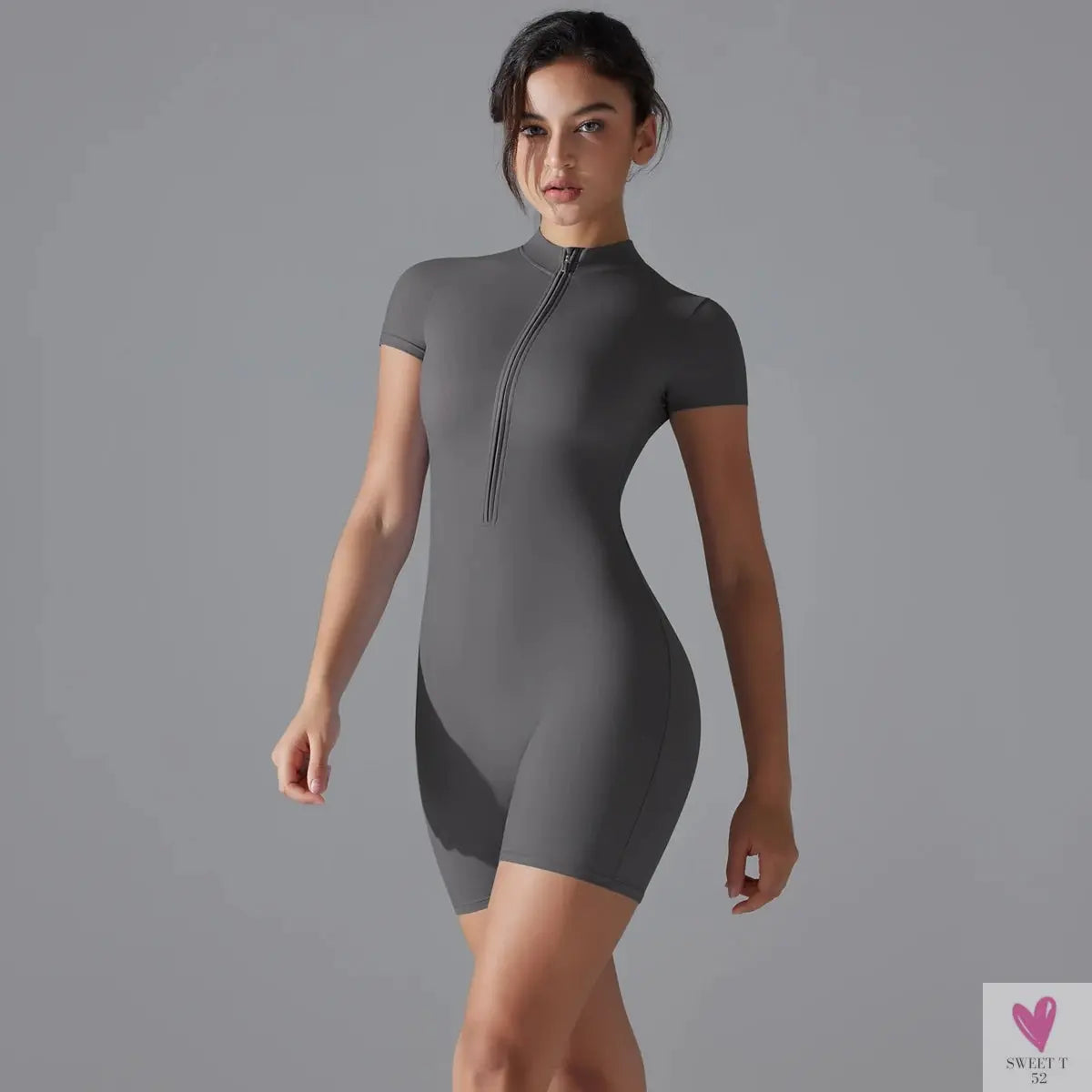 One Piece Gym Yoga Romper - Zippered Short Sleeve Fitness Jumpsuit for Women Sweet T 52