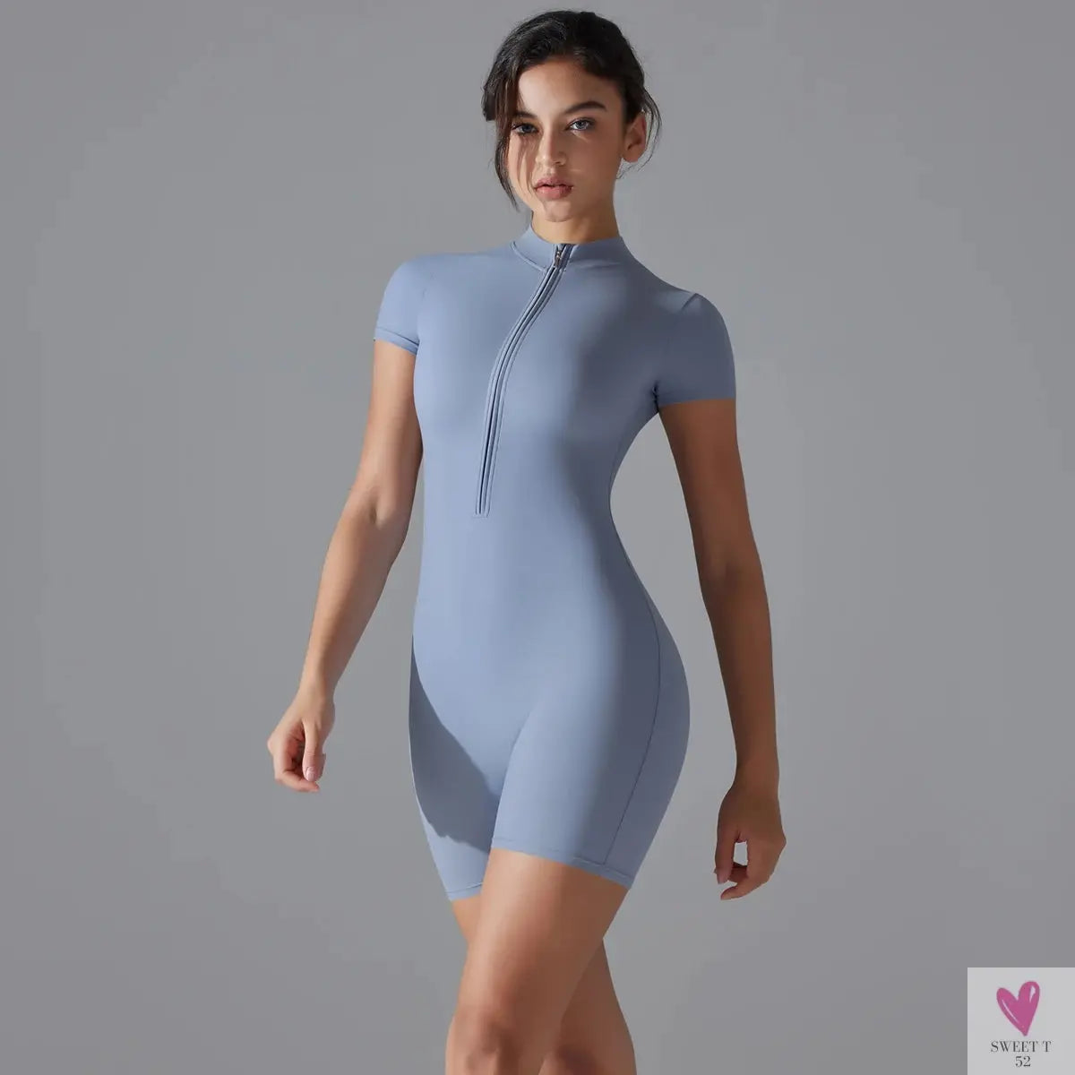 One Piece Gym Yoga Romper - Zippered Short Sleeve Fitness Jumpsuit for Women Sweet T 52