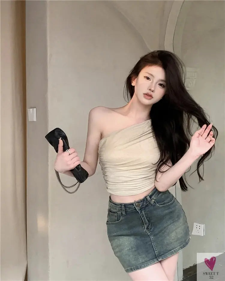 One Shoulder Crop Top, Vintage Retro Cut Crop Top, for Women and Girls