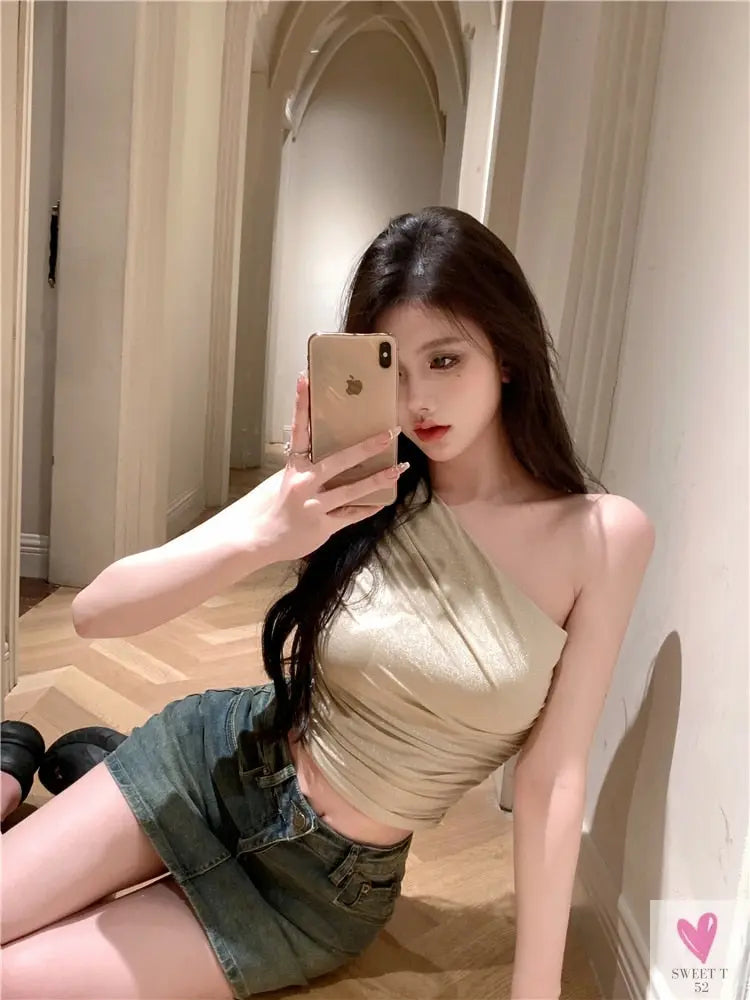 One Shoulder Crop Top, Vintage Retro Cut Crop Top, for Women and Girls