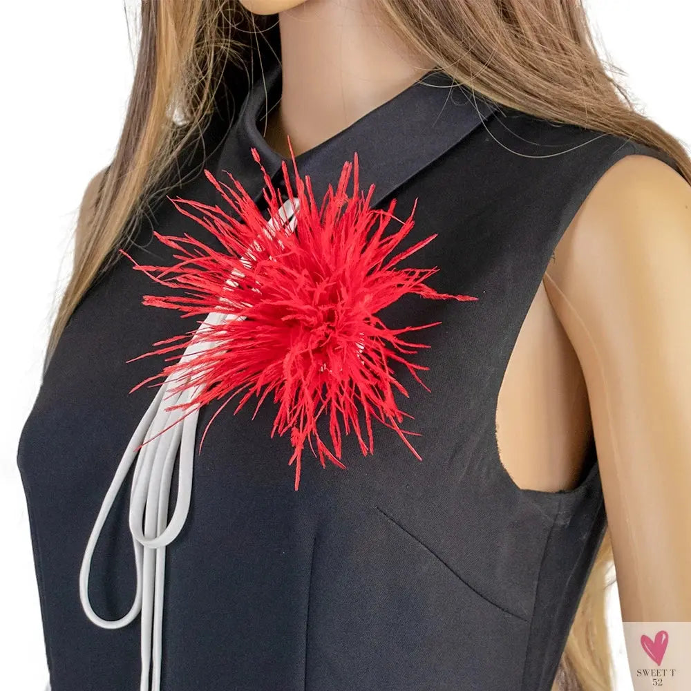 Ostrich Feather Brooch for Clothes or Hair wear - Black/Red Plumes Brooch for Wedding Party, DIY Jewelry or Shoe Decor Sweet T 52