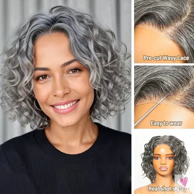 Pretty Salt & Pepper Short Bob - Water Wave Lace Closure Wig. Wear & Go Human Hair Wigs, Pre-Plucked 5x5 Closure for Women Sweet T 52